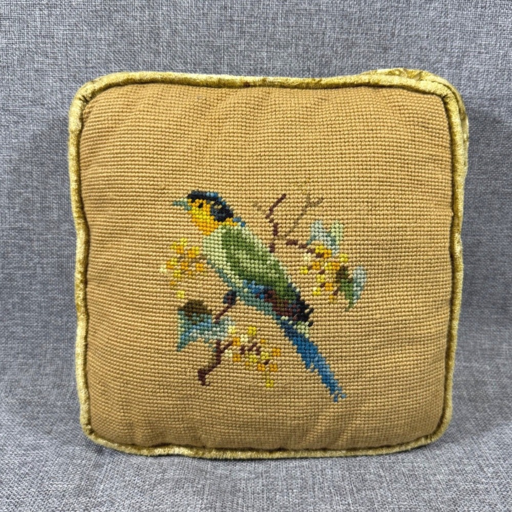 VTG Handmade Needlepoint Bird Throw Pillow Gold Crushed Velvet 10x10 Cottagecore